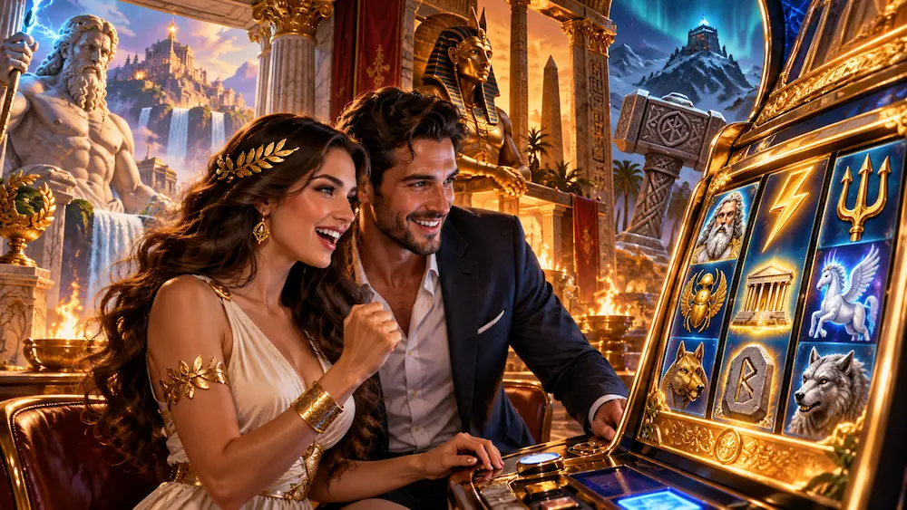 Mythological gods and legendary creatures surrounding a glowing slot machine in a fantasy casino setting.