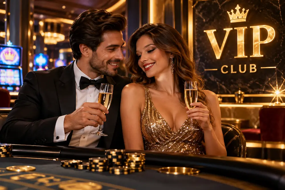 Elegant woman enjoying exclusive VIP casino rewards in a luxurious online casino setting