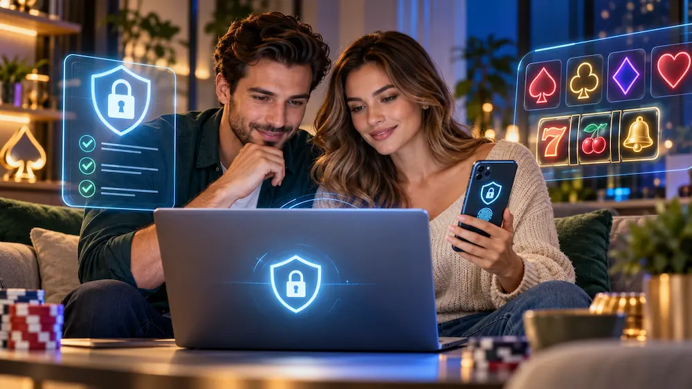 Couple exploring online casino account security with encrypted login, two-factor authentication, and digital protection on laptop and smartphone.