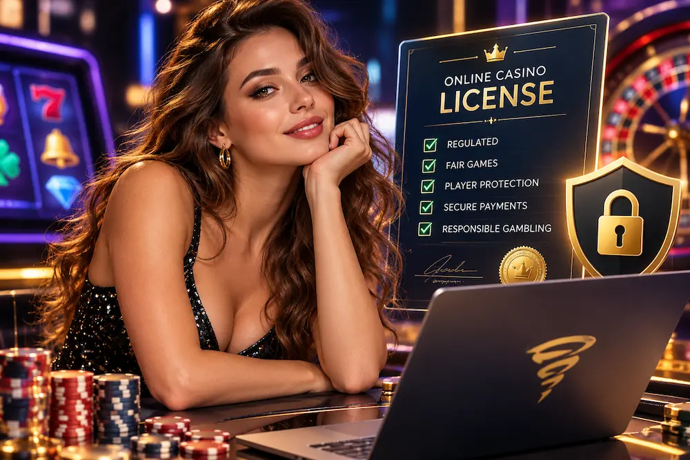 Woman exploring online casino licensing, player protection, and secure gambling regulations.