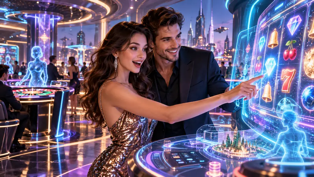 Futuristic online casino with immersive virtual reality gaming, artificial intelligence technology, and interactive digital casino environments.