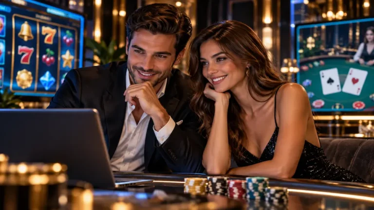 A stylish couple exploring an online gambling platform on a laptop, surrounded by digital casino games and slot machines.