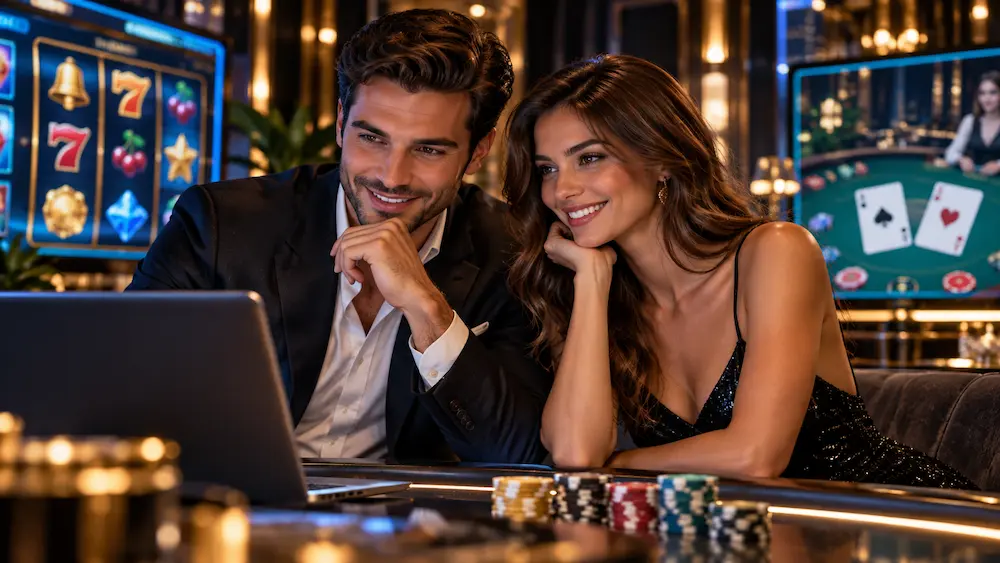 A stylish couple exploring an online gambling platform on a laptop, surrounded by digital casino games and slot machines.