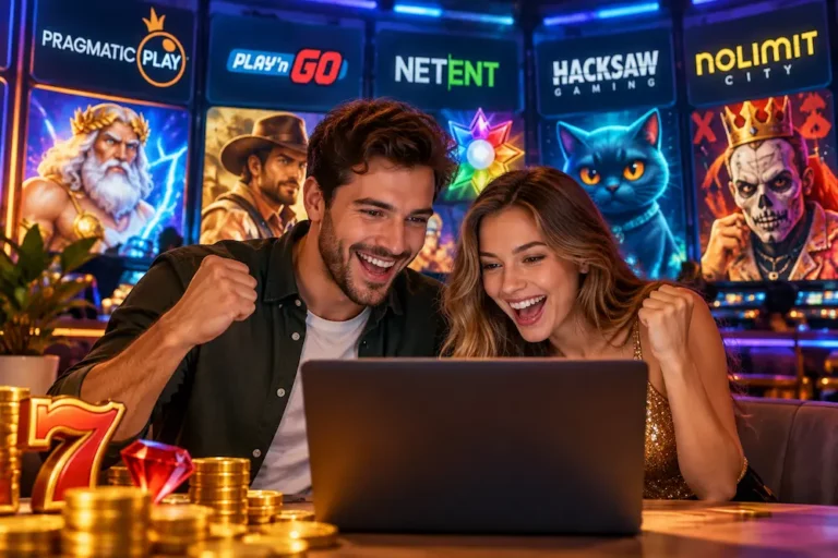 A couple exploring online casino slot games on a laptop, surrounded by colourful graphics from popular slot developers.