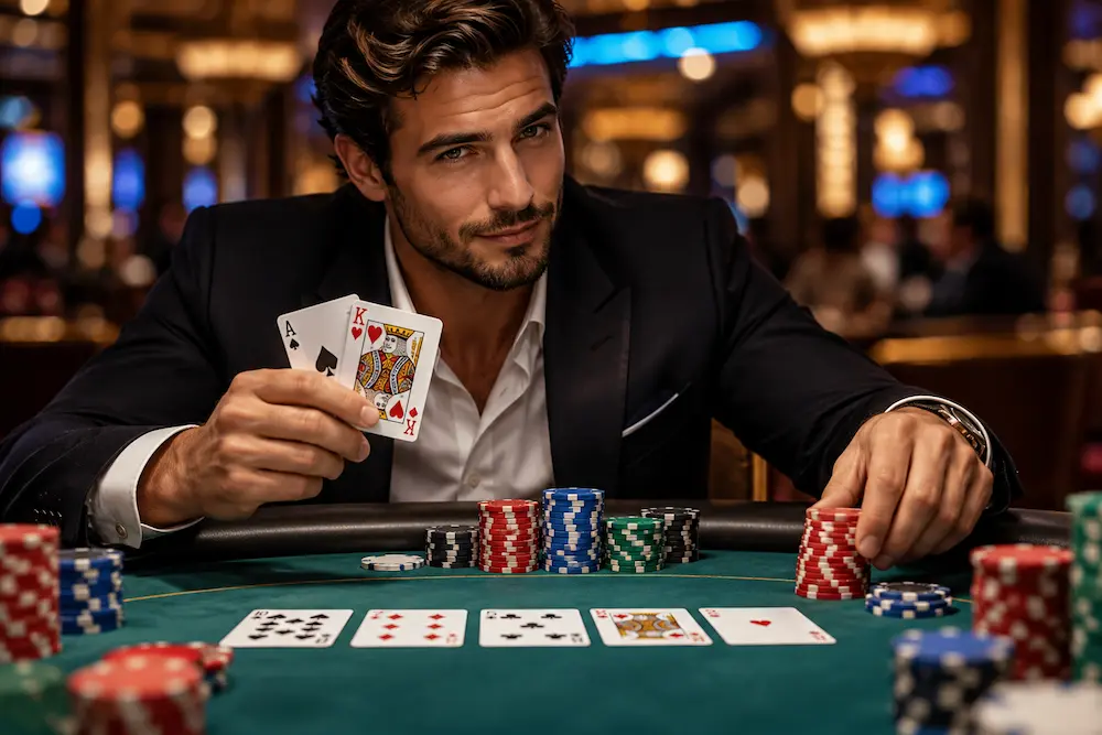 Poker players sitting around a casino table with playing cards and chips during a Texas Hold'em game.