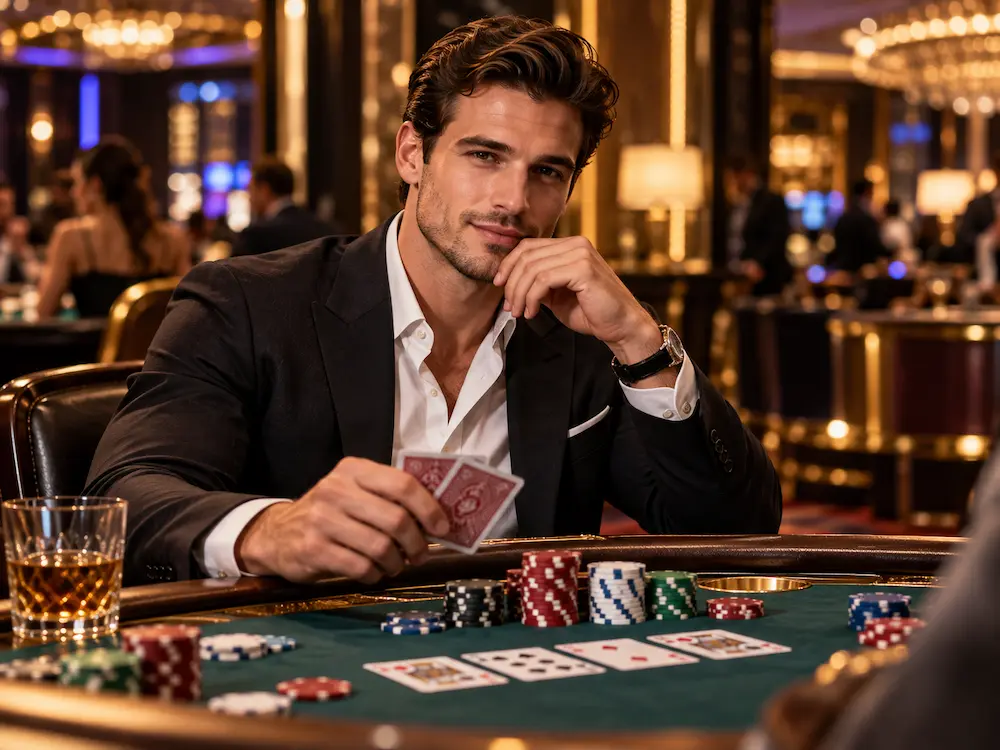 Two stylish casino players sitting at a poker table with playing cards and chips, learning the basic rules of poker.