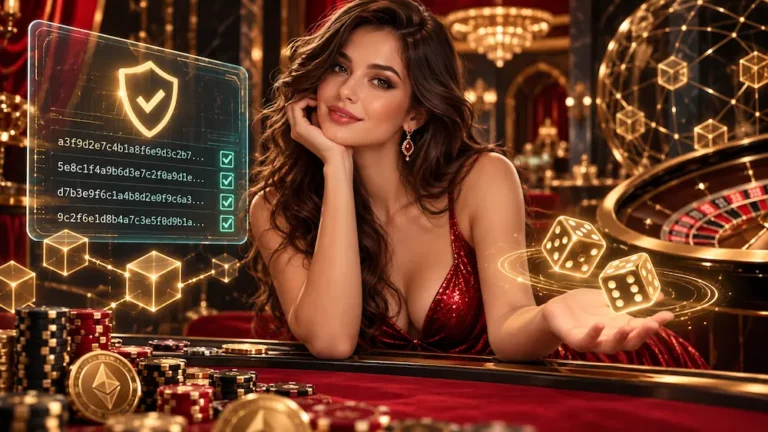 Woman exploring provably fair crypto casino game verification with cryptographic hashes and digital gaming symbols