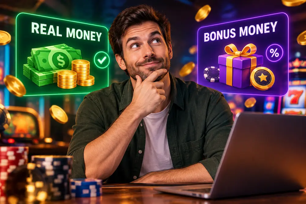 Man comparing real money and bonus funds at an online casino, with cash, coins, and promotional rewards.
