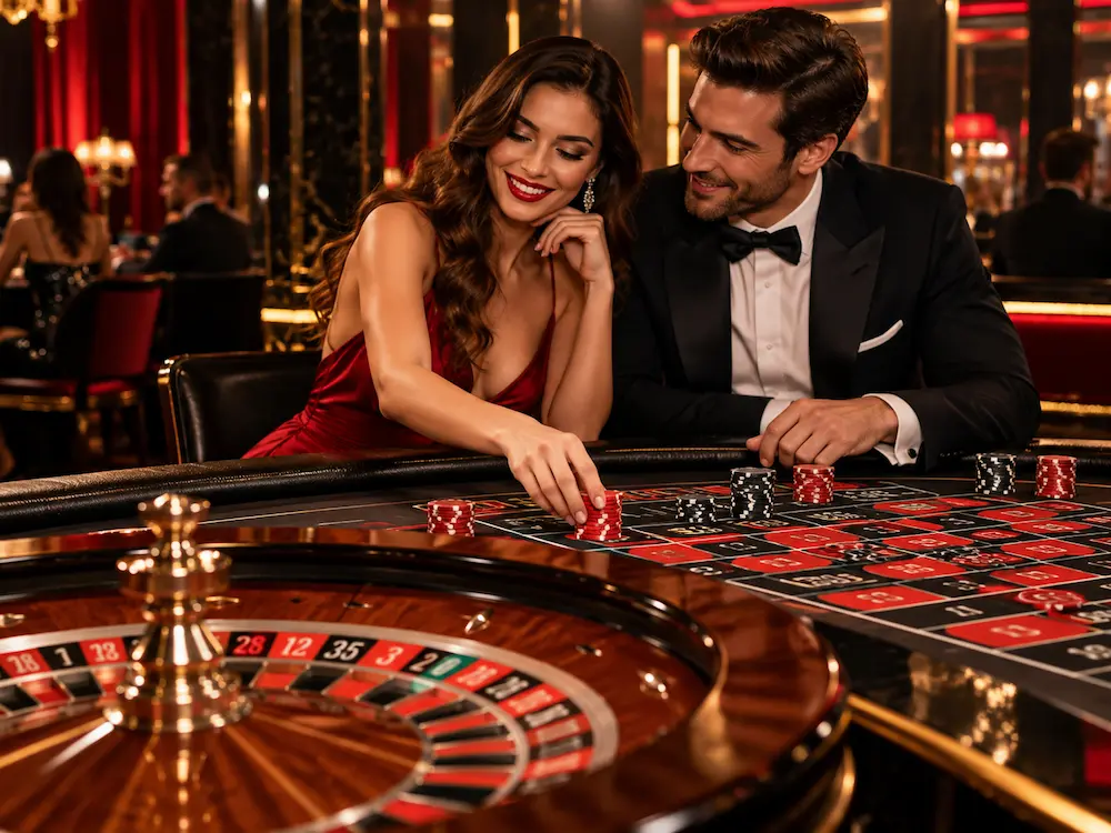 Red and black betting areas on a roulette table with a spinning roulette wheel and casino chips.