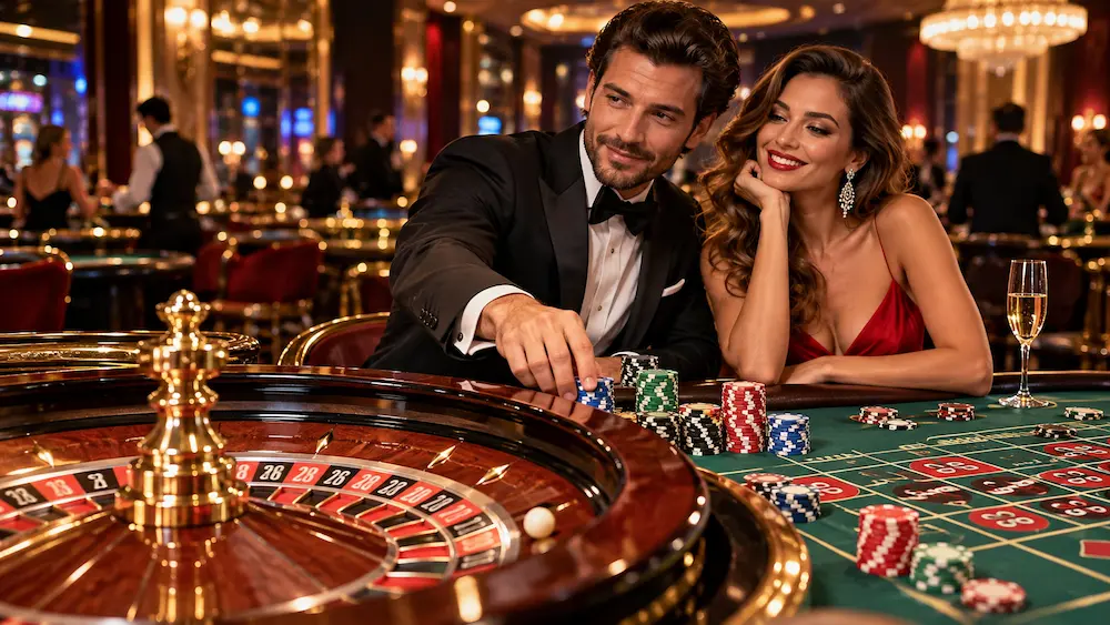 Roulette wheel and casino chips at an online roulette table