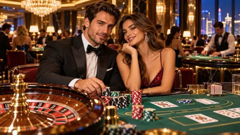 Roulette wheel, blackjack cards and baccarat table representing a comparison of popular casino table games.