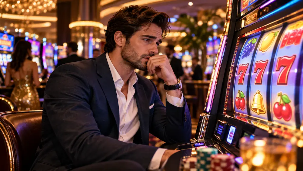 Online slot machine showing a losing streak with casino reels and a player watching the results