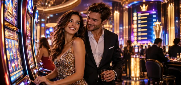 A stylish couple enjoying slot games in a luxurious casino with glowing slot machines and a tournament leaderboard in the background.