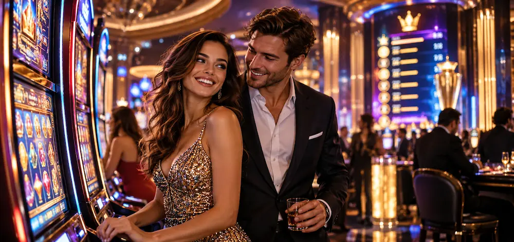 A stylish couple enjoying slot games in a luxurious casino with glowing slot machines and a tournament leaderboard in the background.