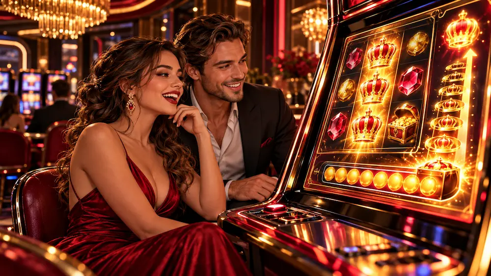 Happy couple enjoying a slot machine with accumulating bonus symbols, growing multipliers, and glowing golden rewards in a luxurious casino.
