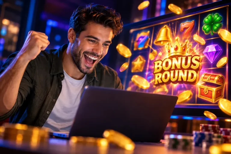 Online casino slot machine featuring colourful bonus symbols, free spins, and an exciting bonus round.