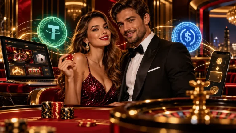 USDT and USDC stablecoins displayed on a digital casino gaming platform with cryptocurrency payment symbols.