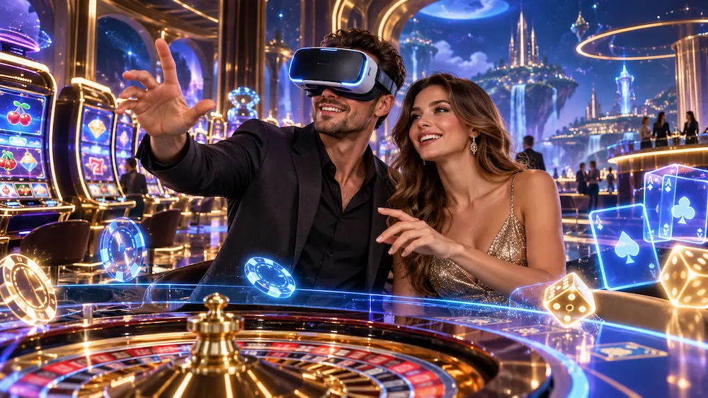 Couple exploring a futuristic virtual reality casino with a VR headset, holographic roulette table, and immersive 3D gaming technology.