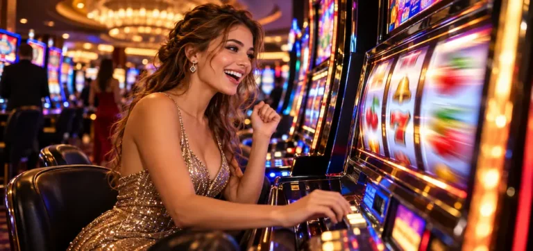 Beautiful woman enjoying free spins on a colorful slot machine at an online casino.