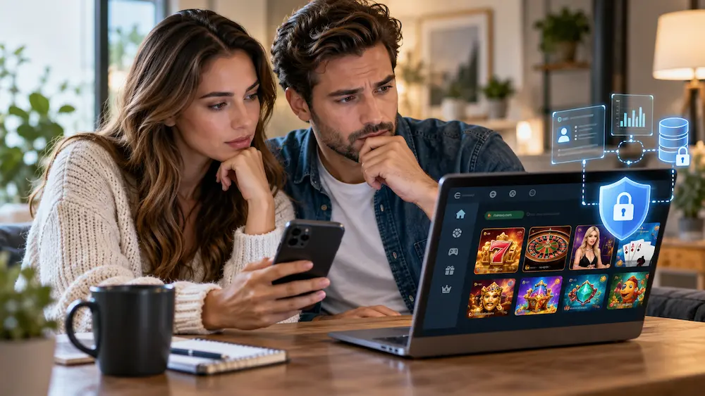 Couple reviewing online casino data collection and personal information security on a laptop.
