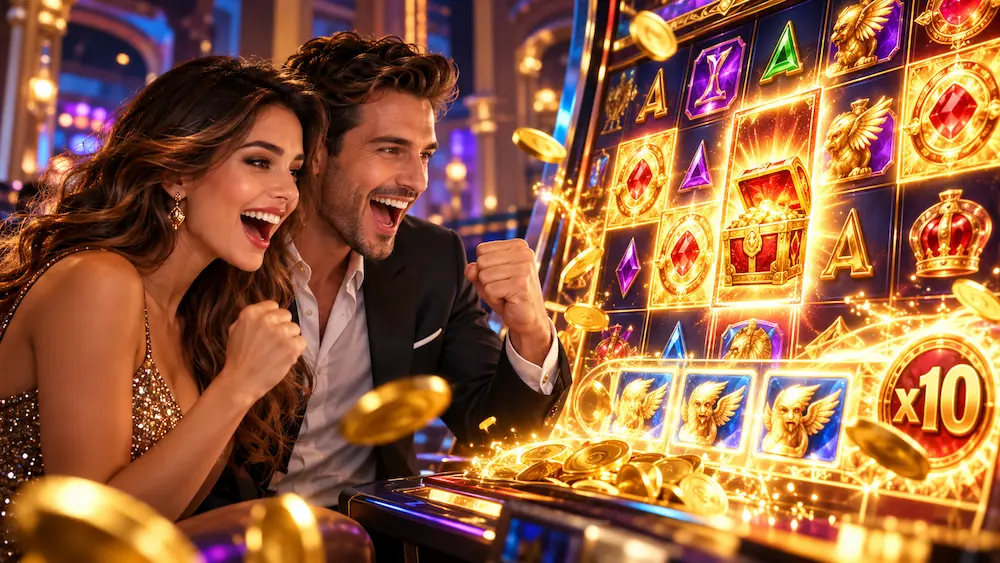 Online casino player exploring a bonus round with free spins, wild symbols, and multipliers