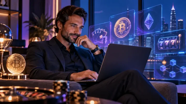 Couple exploring a crypto casino on a laptop with Bitcoin and digital currency payment visuals