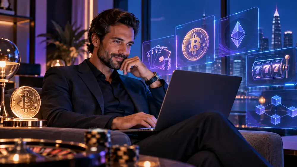 Couple exploring a crypto casino on a laptop with Bitcoin and digital currency payment visuals