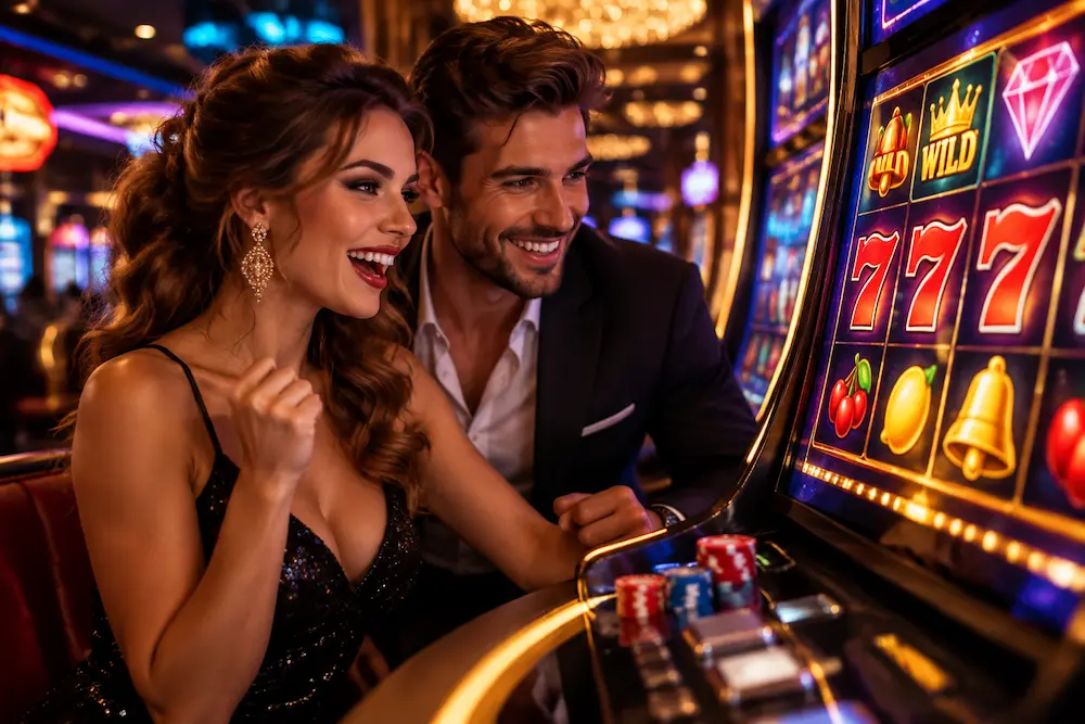 A glamorous couple enjoying an online-style slot game in a luxury casino with colourful reels and glowing symbols.