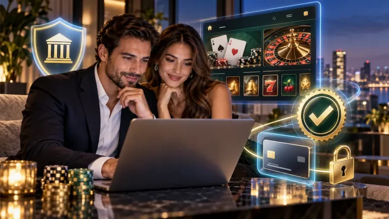 Online casino licensing concept featuring a secure digital casino platform and player protection symbols