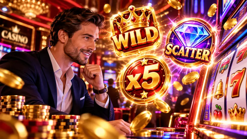 A smiling man pointing at Wild, Scatter, and x5 multiplier symbols in a colorful online slot game with glowing casino reels.