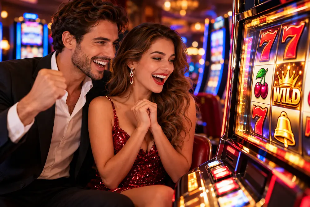 Happy couple playing an online slot machine featuring a golden Wild symbol, cherries, and lucky sevens.